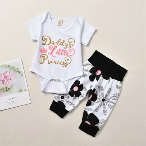 4PCS Set Infant Baby Girl Boy Short Sleeve Letter Print Romper Top Floral Pants Hat Headband Clothing Ensemble