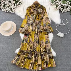 Light Mature Style Elegant Maxi Dress Women Retro Temperament Lantern Long Sleeve Bow Tie Waist Up A-Line Printed Dress Z2716