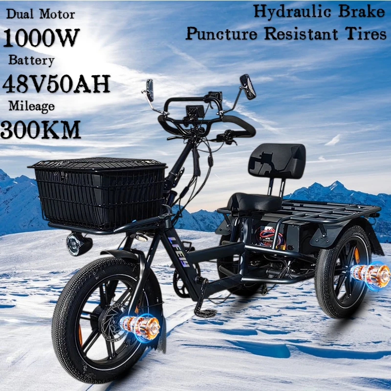 Boston electric 3-Wheeled Bicycle 1000W High-Speed Dual Motor 48V 50AH Off-Road Mountain E-Bike Adult Cargo Snow Electric Bike