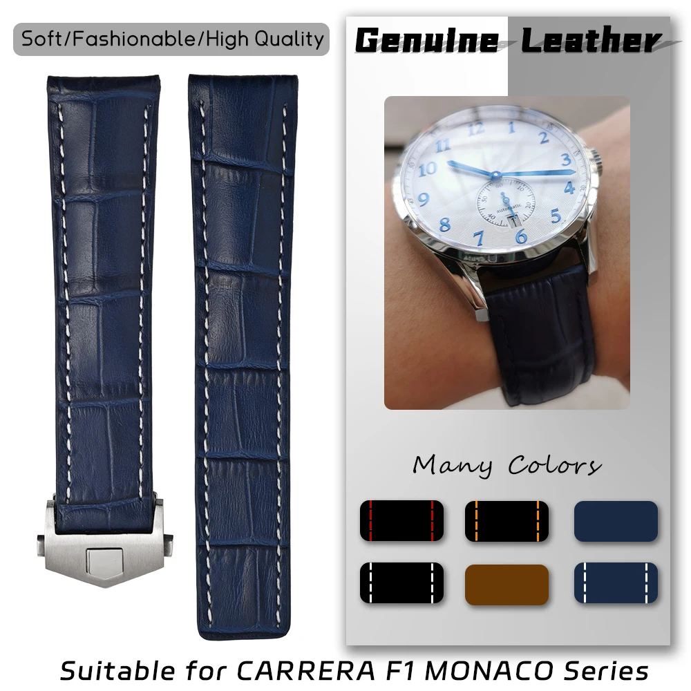 Bracelet de montre en cuir de vache, 20mm 21mm 22mm, motif Crocodile, en cuir de veau, pour Tag Heuer Grand Carrera F1 Monaco Aquaracer
