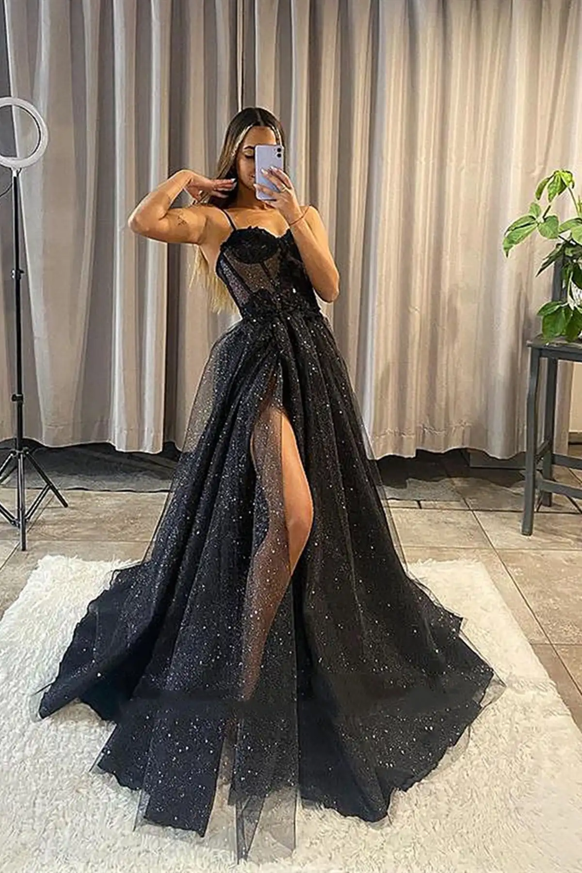 Sparkly Glitters Tulle Evening Dresses Sparkly Spaghetti Strap Sweetheart Illusion A Line with Slit Long Prom Gowns Formal Party