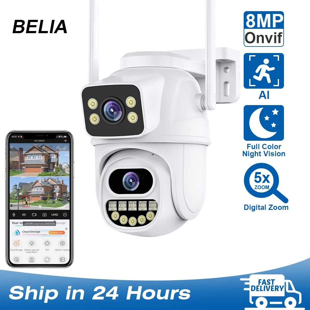 BELIA 8MP 4K PTZ Wifi Camera with Dual Lens Dual Screens AI Human Detection Wireless Outdoor CCTV Security IP Camera ICSEE App