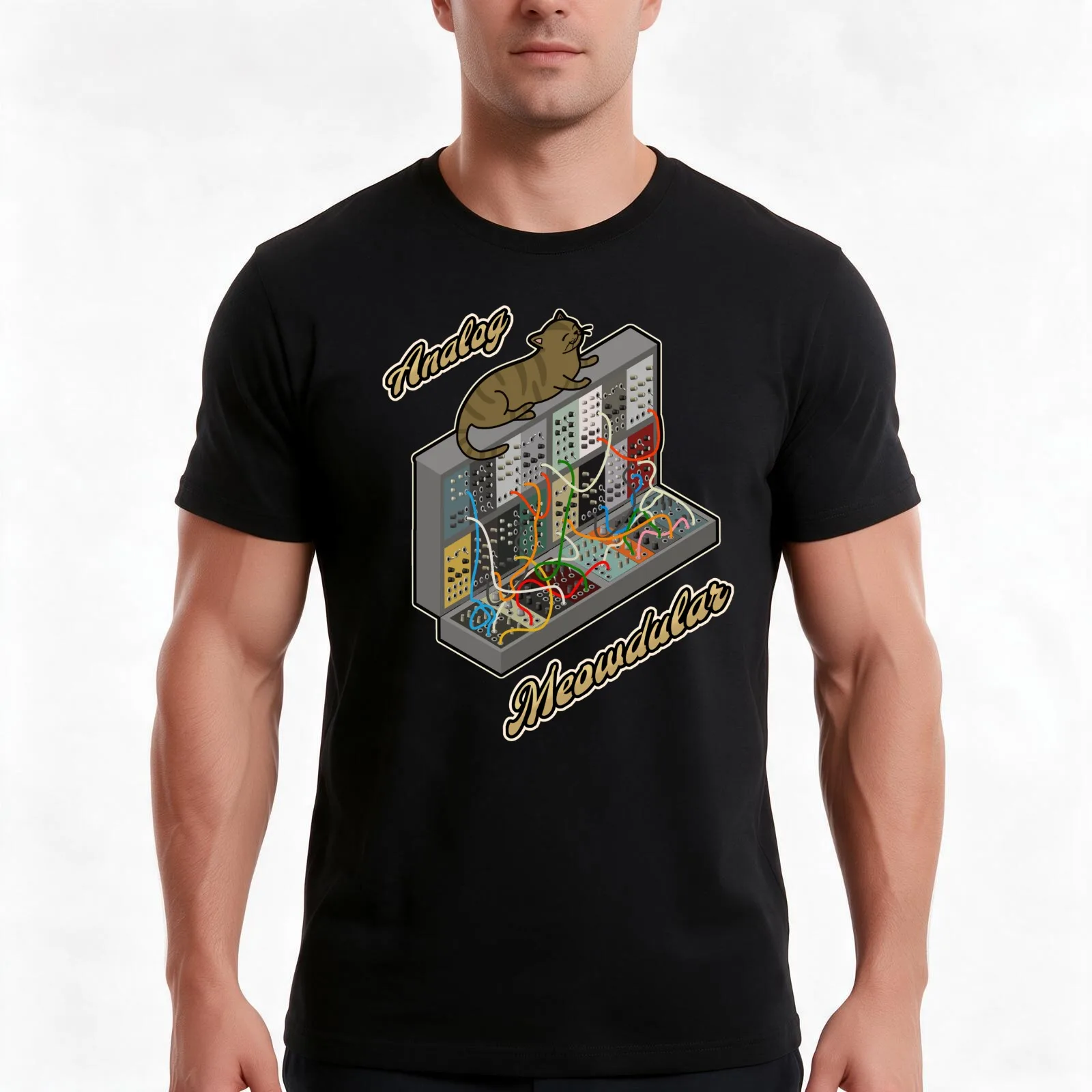 Cat on Analog Modular Synth Funny synthesizer T-Shirt, Summer Casual Cotton Tee, Oversized Streetwear Tops, Unisex Men Women