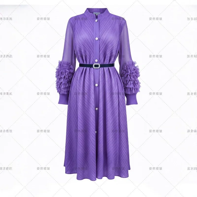 Miyake  Africa Plus Size Temperament Women's Dress Pleated Long Sleeve Single Breasted Shirt Straight Long Dress Europe America