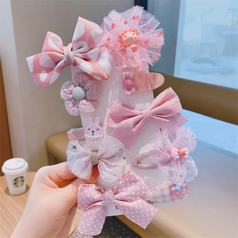 10Pcs/Set Baby Girl Broken Hair Accessories Cartoon Kids Cute Korean Style Young Children Bow Mesh Hairpin Princess Wholesale