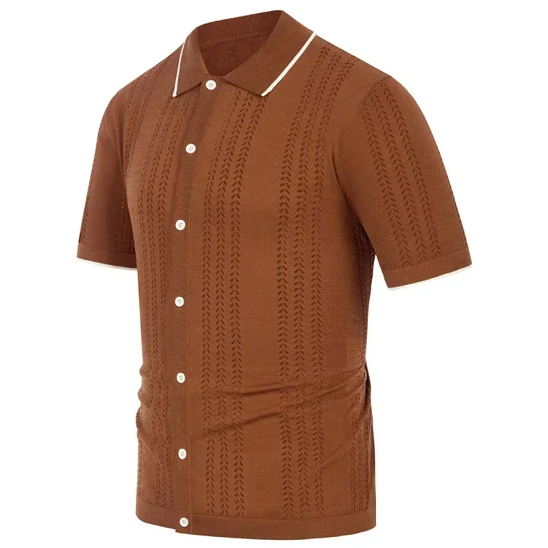 

New Casual Mens Knitted Shirts Short-sleeved Slim Fit Button-up Lapel Knit Tops For Men Summer Knitting Polo Shirts Streetwear