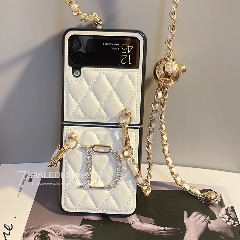 Luksusowe skórzane etui na telefon w kształcie rombu do Samsung Galaxy Z Flip 3 4 5 Rhinestone D Z Flip 6 Cover — zdjęcie 3