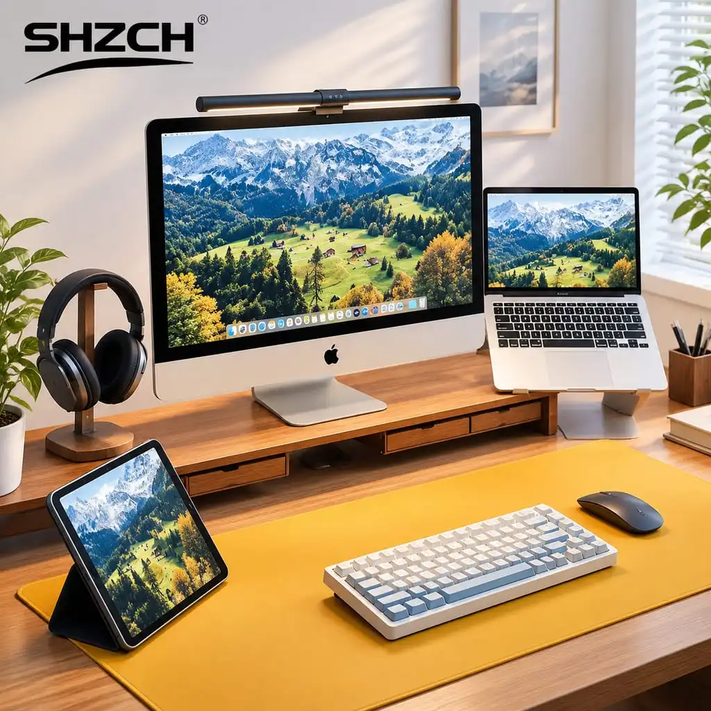 H20 White Ash Wood Monitor Stand Sliding Track Laptops Stand with Modular Design Computer Holder Ergonomic Desk Organizer