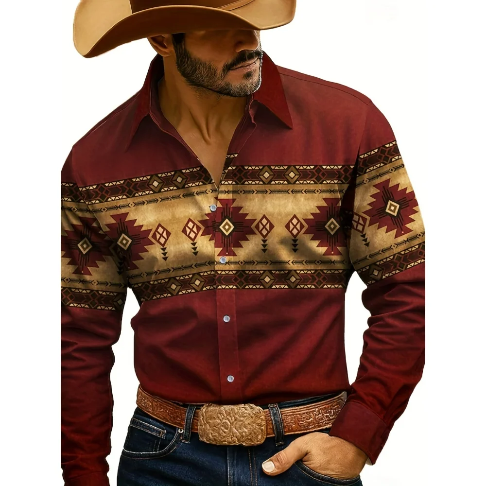 Western Cowboy Style Ethnic Shirt Fashion 3D Print Shirt Vintage Button up Shirt Casual Long Sleeve Shirt Street Blouse for Mens