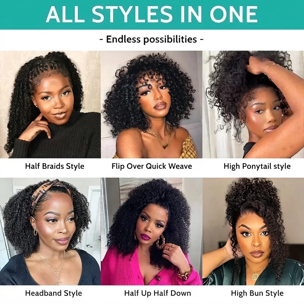 220% Density Upgrade 3 IN 1 Ready to Wear Half Wig With Drawstring Seamless Clip Ins Flip Over 1B Natural Color Machine Made Afro Kinky Curly Half Wig for Women