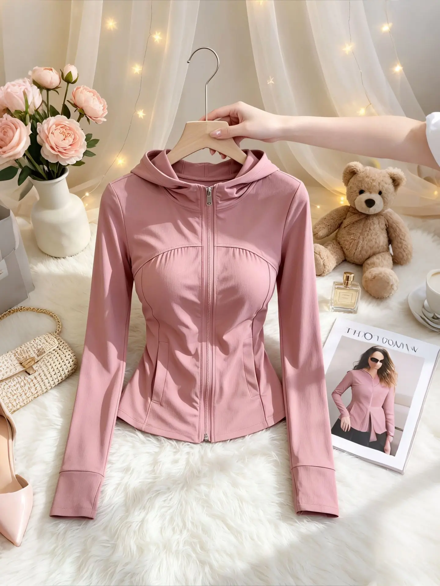 

Korean Style Slim Fit Summer New Women's Short Coat Sun Protection Hooded Top Commute Style Long Sleeve Zipper Pure Color