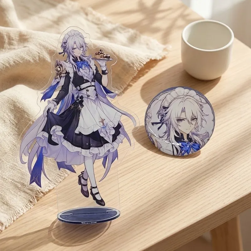 Khaslana Maid Outfit Acrylic Stand Tin Button Badge 2pcs Combo Birthday Christmas Gift For Anime Fans Tabletop Decor