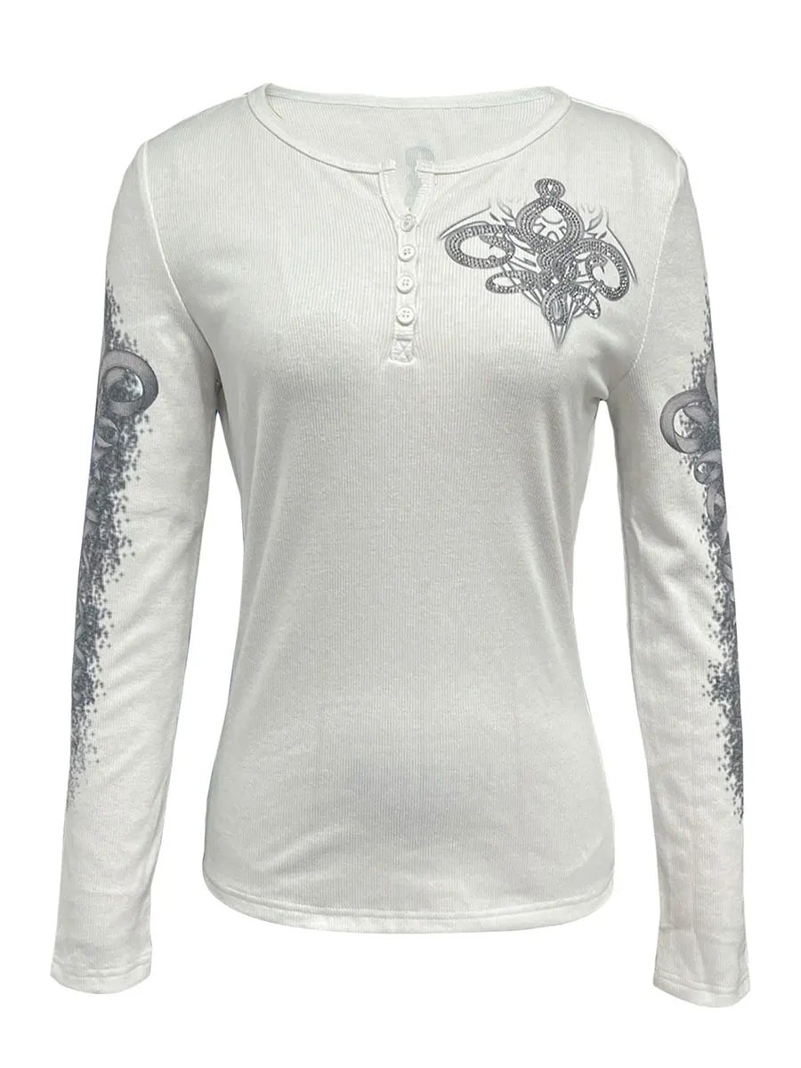 Women s Vintage Henley Tops Y2k Long Sleeve V Neck Wings Print Slim Fit T-Shirts Grunge Tops