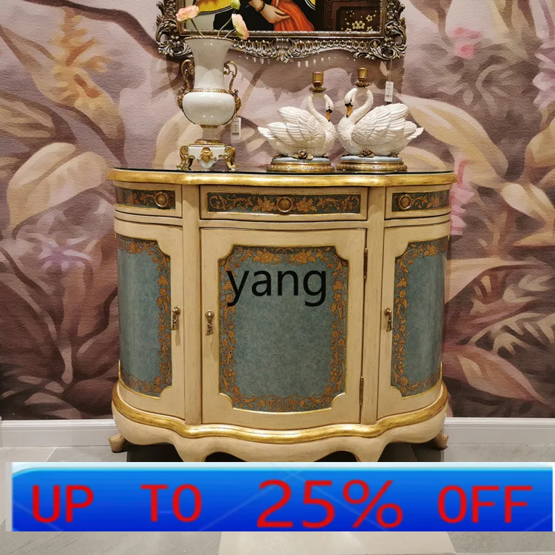 CX French court style solid wood painted gold hand-painted blue and white entrance cabinet entrance platform