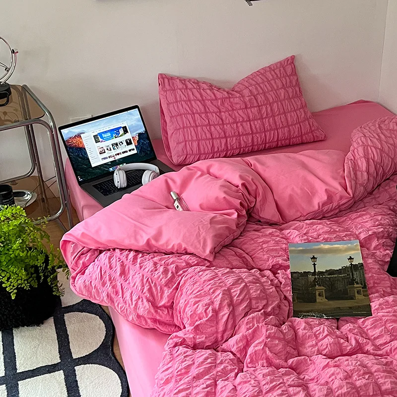 

Simple Two-Tone Seersucker Bedding Set Super Soft Skin-Friendly Sheet Kit with Quilt Cover Nordic Solid Breathable Home Textile