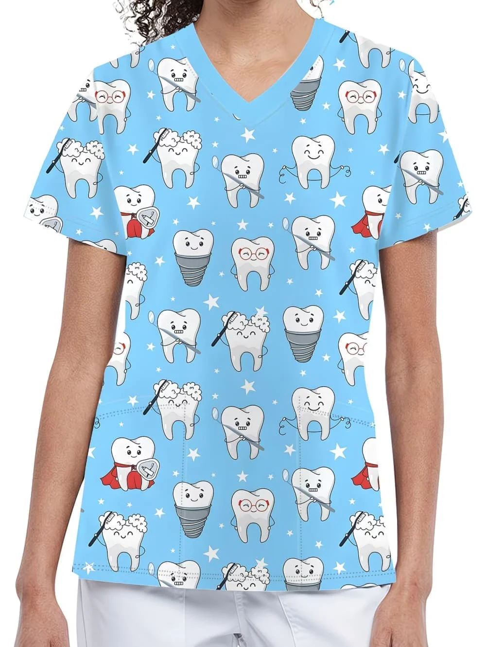 

Clinical Uniform Woman Tooth Pattern Print Dental Nurse Tops Casual V-Neck Short Sleeve with Pockets Nursing Uniform for Women