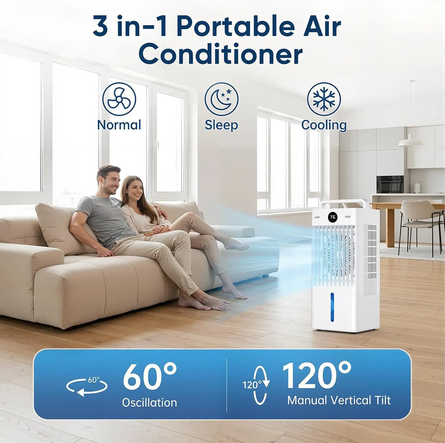 Portable Air Conditioners, 3-IN-1 Swamp Cooler, Evaporative Air Cooler, 6 Speeds & 3 Modes, 3-Gal Tank for Cooling, 16 FT/S Remo