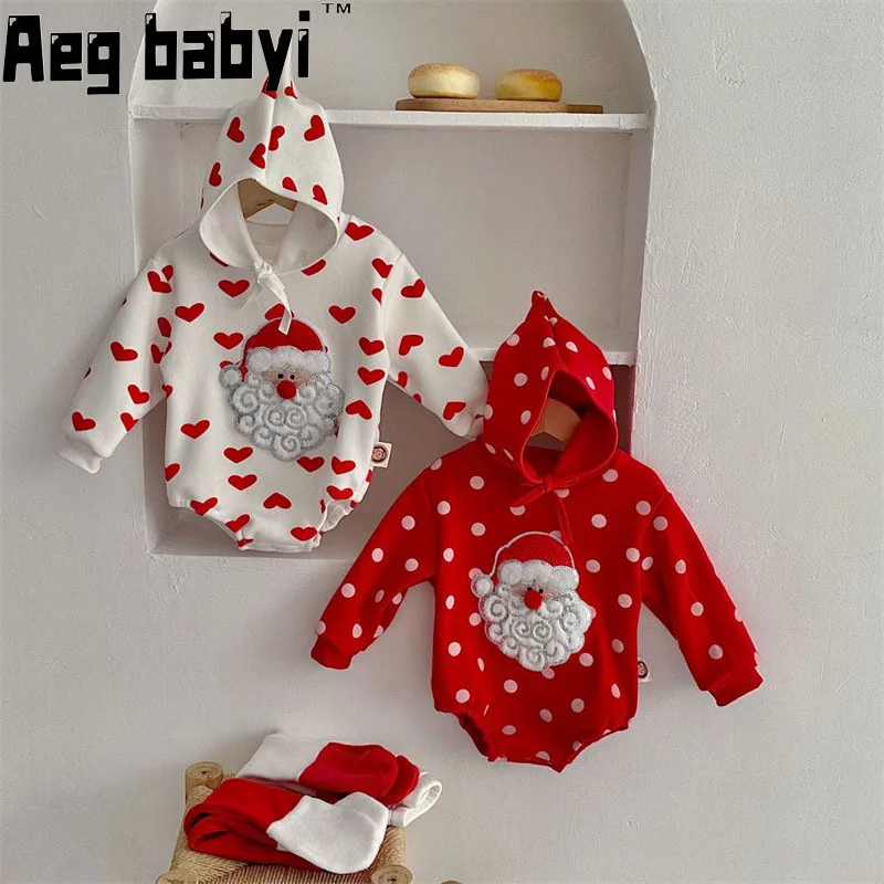 

Christmas Infant Baby Boys Girls Romper Long Sleeve Thicken Santa Print Jumpsuit Autumn Winter Clothe s+ Hat 2Pcs Set