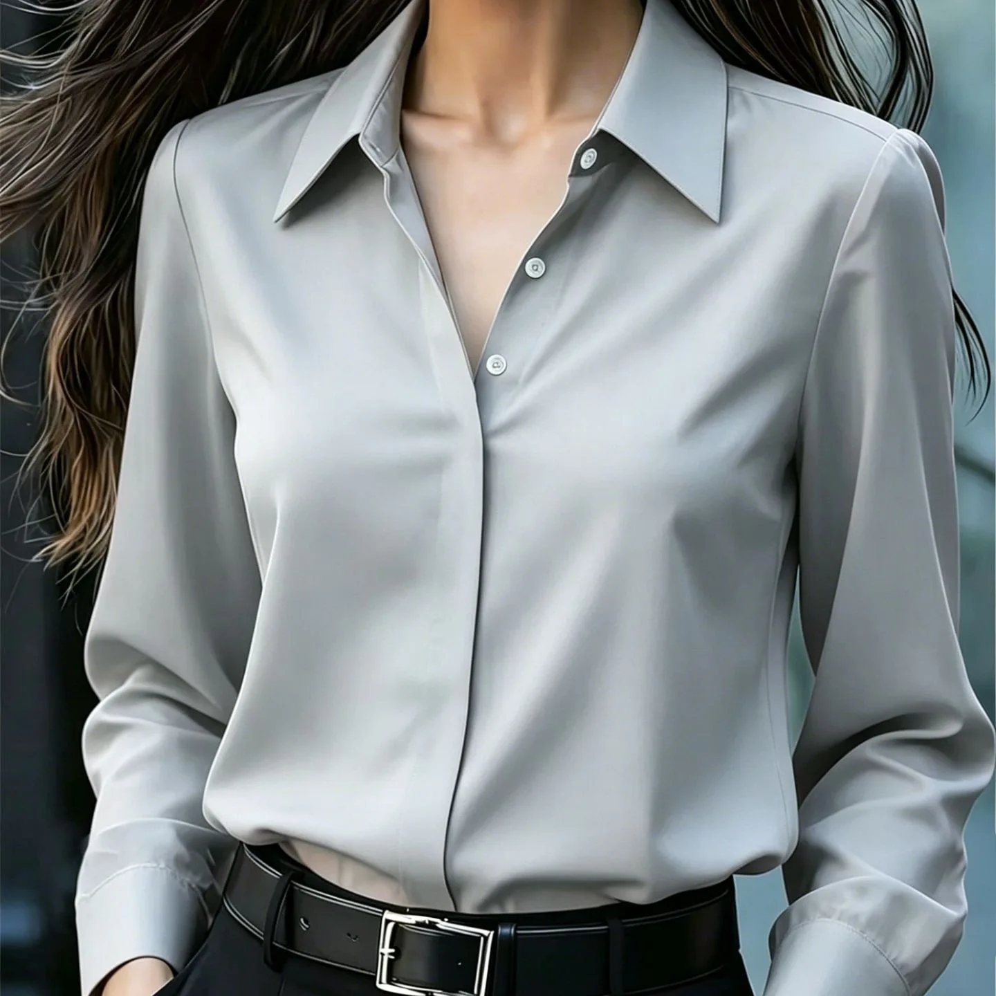 Women's Satin V-Neck Blouse Long Sleeve Collared Shirt Elegant Office Wear