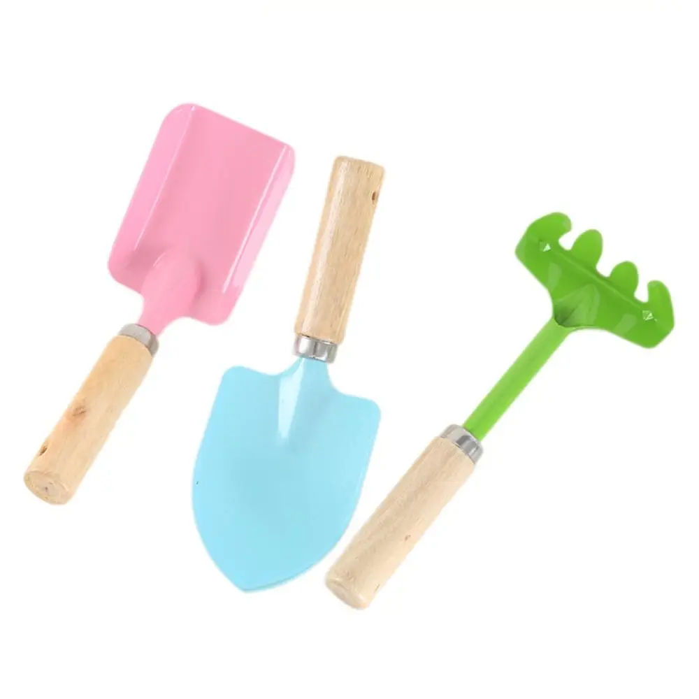 3Pcs with Wooden Handle Kids Gardening Tools Set Safe Trowel Rake Shovel Children Garden Tool Candy Color Loosen Soil