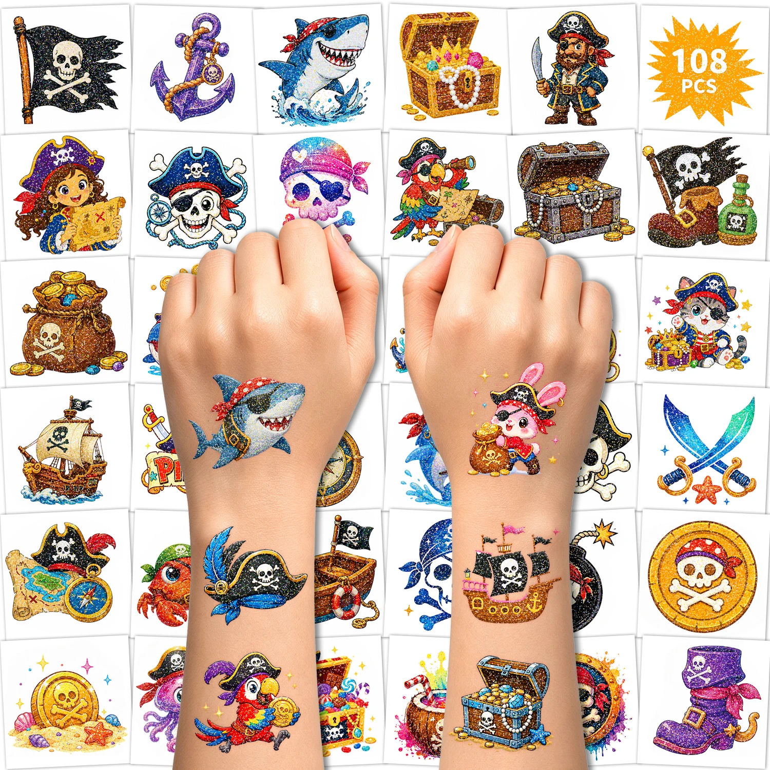108 Pcs Glitter Pre-Cut Pirate Tattoos Temporary for Pirate Accessories Pirates Ship Party Decorations Face Tattoos Sticker Naut