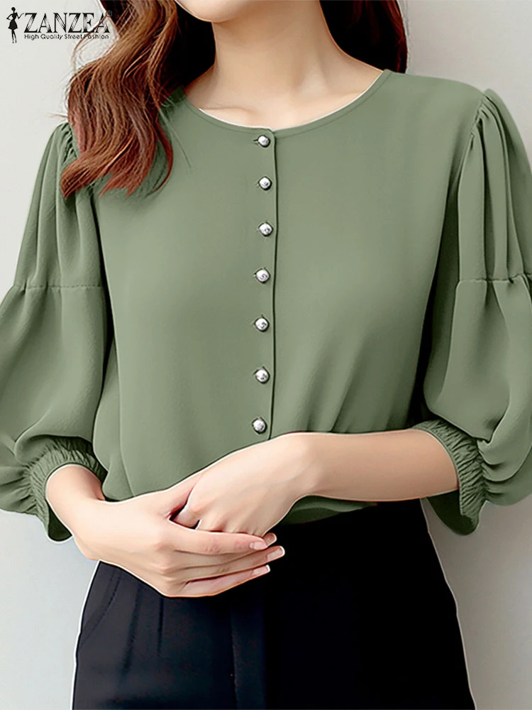 

2025 ZANZEA Office Women Tops Summer Fashion Shirt Elegant 3/4 Lantern Sleeve Work Blouse Casual O Neck Buttons Blusas Oversize