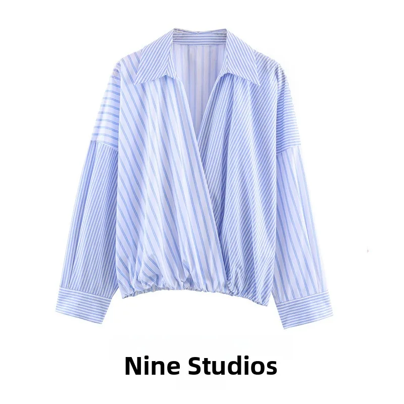 

NINE ZAR Women's Patchwork Striped Shirts Short Sleeve Long Shirt Top Design Polyester Fiber Breathable Comfortable Spring Su...