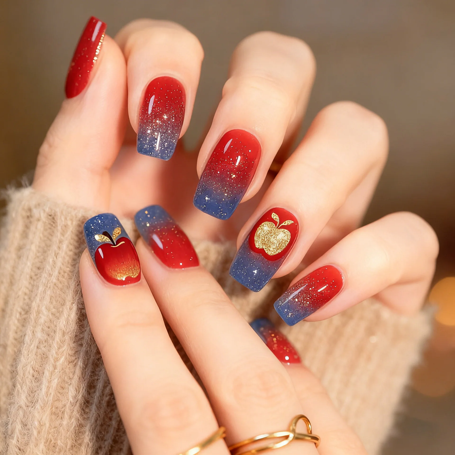 

24 шт. красно-синие градиентные накладные ногти с блестящей пудрой, имитация ногтей под яблоко, средней длины, квадратные, полное покрытие, накладные ногти-тейпы