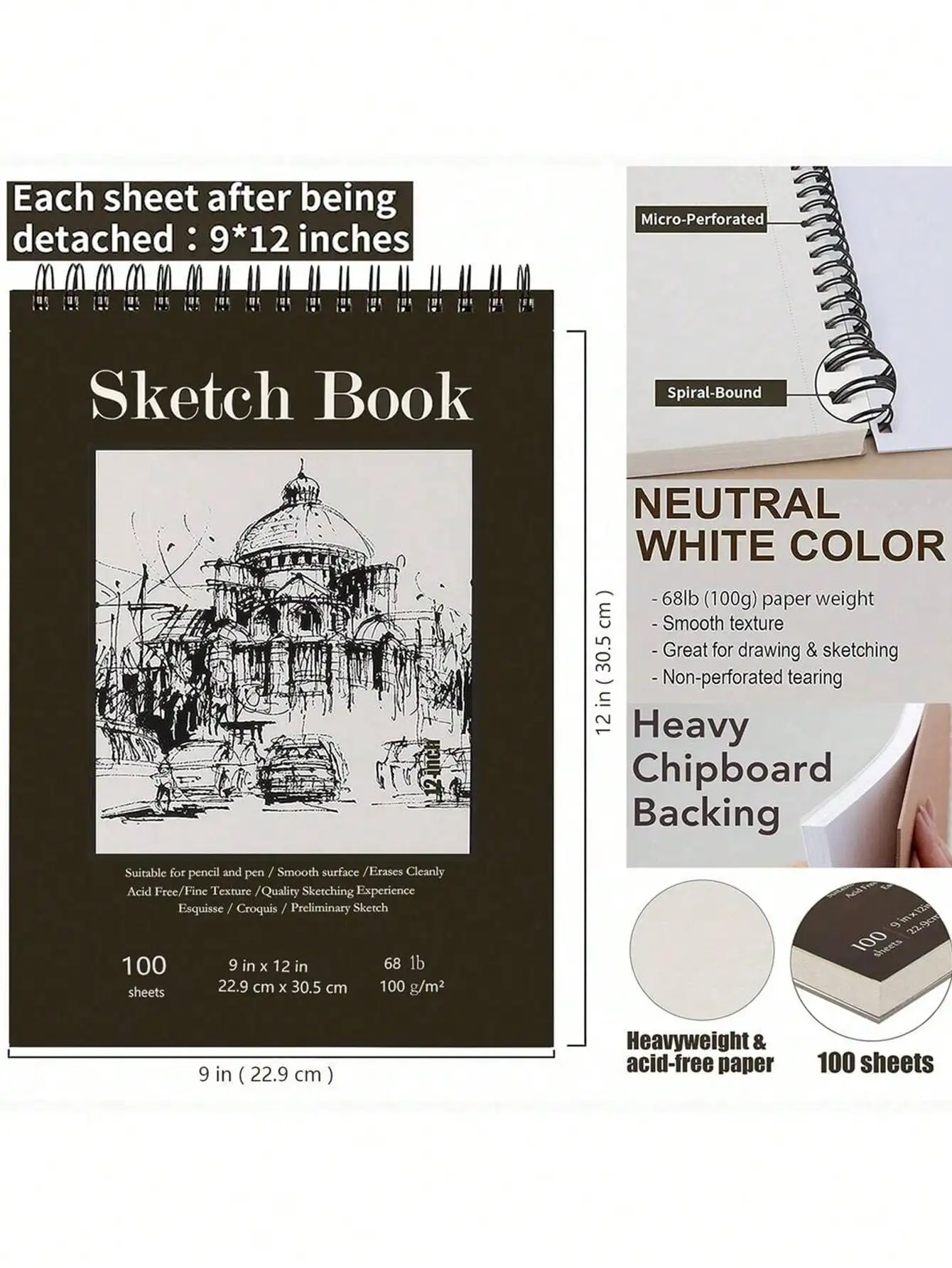100枚入りスパイラル綴じスケッチブック – 学生やアーティスト向けの無酸性アートパッド