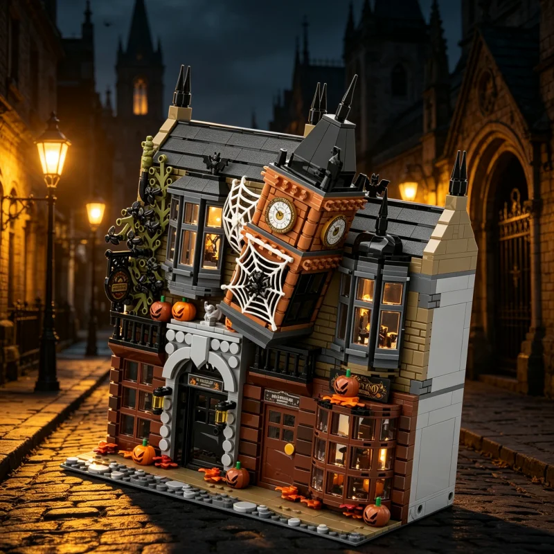 Spooky Halloween Town Hall MOC Building Blocks Dark Fantasy Holiday Decor DIY Assembly Bricks Collectible Building Toy