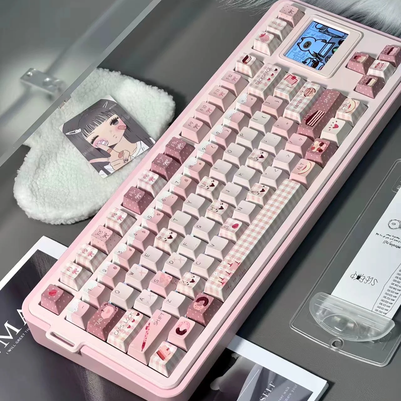 MAIMOOO Pink Grid Love Letter Keycap Pink PBT Five Sided Heat Sublimation Key Valentine's Day Keycap Set