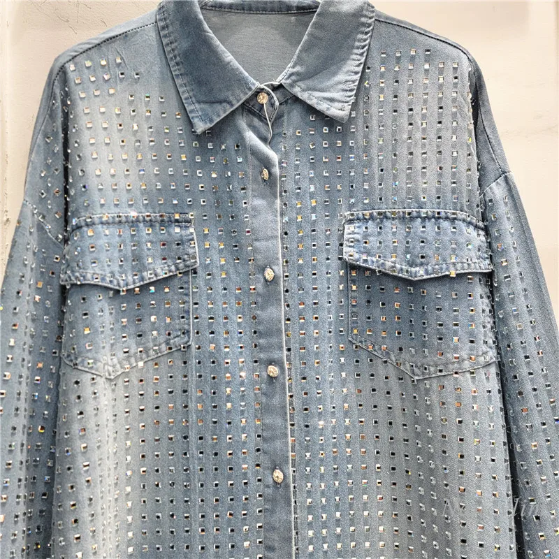 High-end Light Luxury Rhinestone Denim Shirt Women 2024 Autumn New Blue Crystal Hot Diamond Lapel Blouse Street Y2K Top