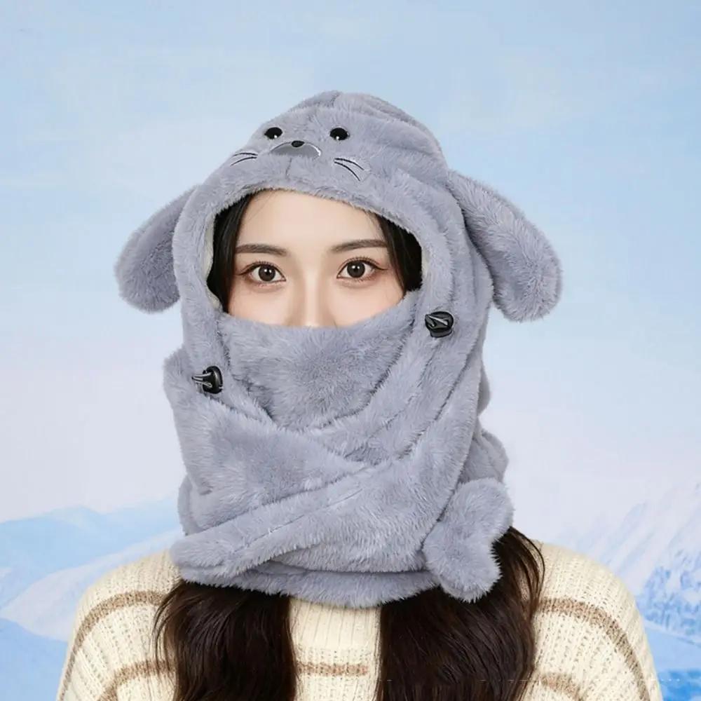 Simple Fleece Seal Plush Hooded Scarf Cute Solid Color Mask Pullover Hat Beanie Soft Earflap Hat Outdoor