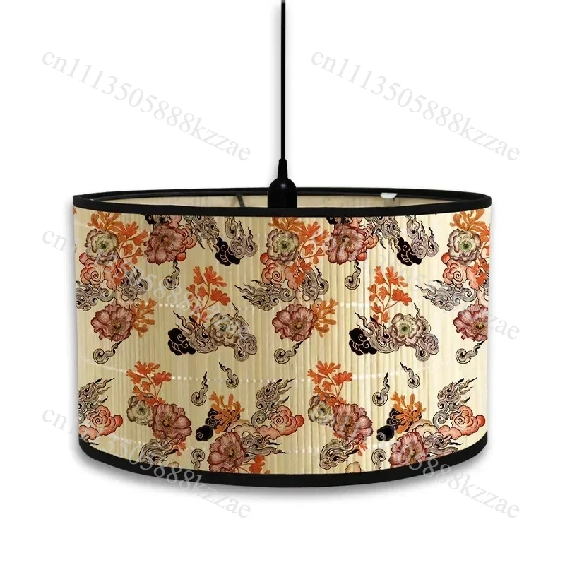 Handmade Lamp Cover Vintage Flower Print Lampshades Bamboo Foldable Hanging Floor Lamp with Light Cover Home Art Chandelier
