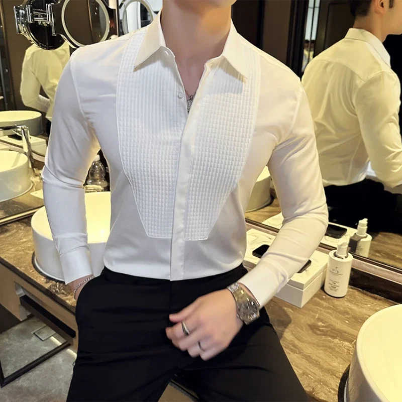 New Tastar Dress Shirt Groom Wedding Long Sleeve Shirt Men\'s Splice Casual Party Shirt Social Banquet Tuxedo Blouse Men Clothing