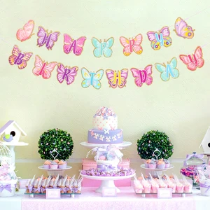 Banner de feliz cumpleaños rosa con mariposa bailando colgante colgante guirnaldas niñas princesa 1ra de feliz cumpleaños decoraciones de fiesta 12 mejores decoraciones de cumpleaños de princesas de ventas - №10