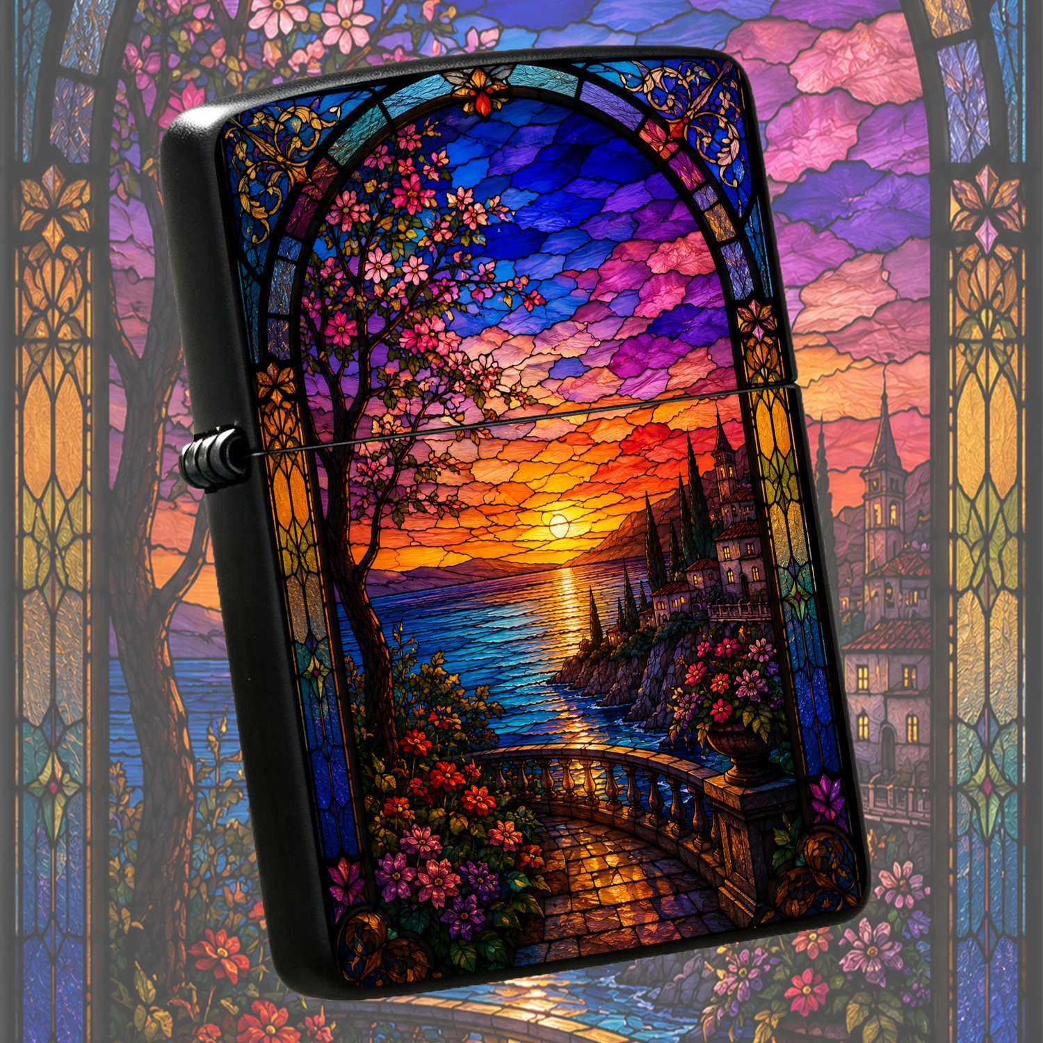 Stained Glass Style Coastal Sunset Lighter, Artistic Painted Scenery Decor, Full-Scenario Adaptable For Daily Candle Lighting, Outdoor Trips, Home Use & Gifting, Exquisite Retro Aesthetic Practical Souvenir, Premium Craftsmanship Decorative