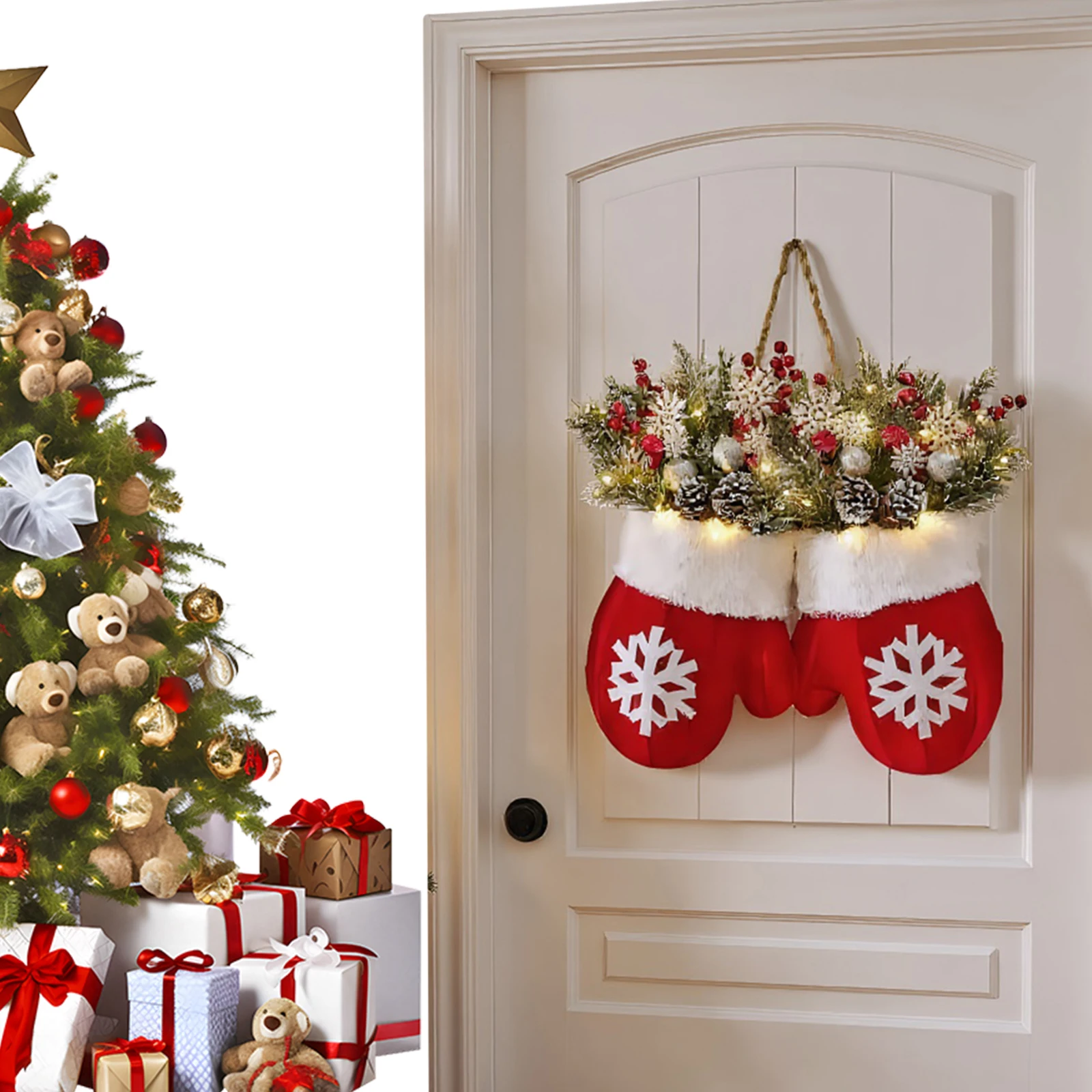 

Рождественские перчатки, дверной венок со светом, рождественский венок с подсветкой, светодиодное рождественское украшение для стены, передней двери, окна, камина