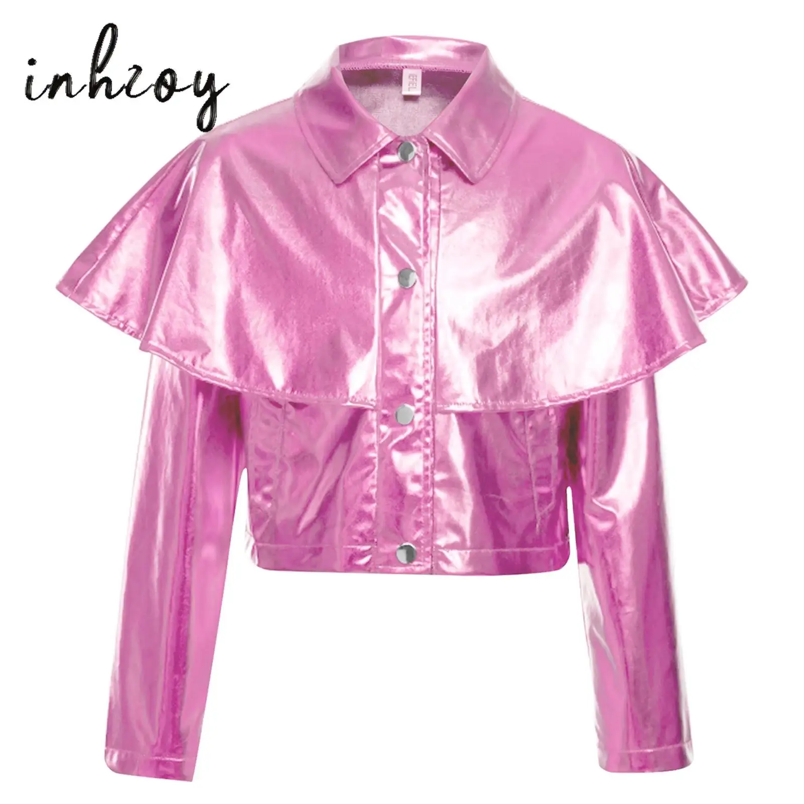 

Kids Girls Retro Disco Hip-hop Jazz Dance Top Metallic Gloss Bomber Jacket Turn Down Collar Long Sleeve Front Press Buttons Coat