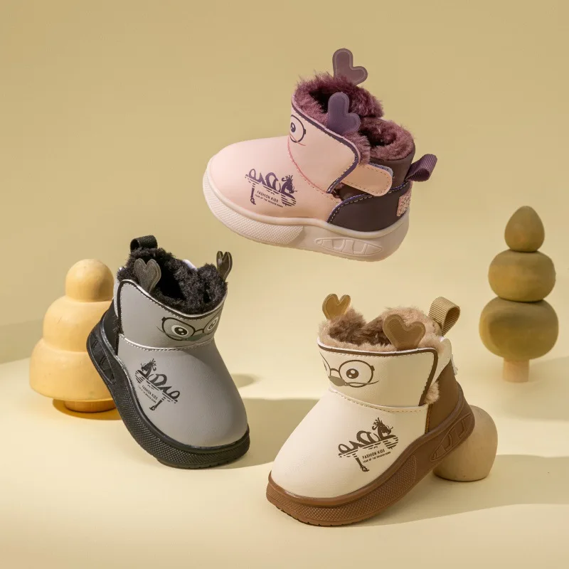 أحذية أطفال كاجوال أحذية الكاحل من جلد البولي يوريثان أحذية شتوية للأولاد مطبوعة مضادة للانزلاق دافئة سميكة القاع كاكي ​   حذاء وردي مقاس 16-25