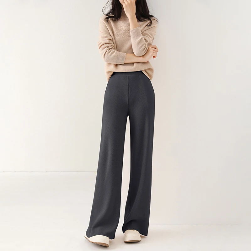 Women's 100% pure cashmere knit wide-leg pants with pockets, high waist, slimming, straight cylinder, casual, floor-length