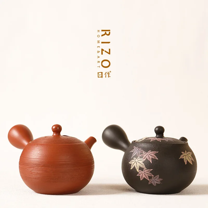 Japanese Imported Long-Slip Burning Spring and Autumn Kiln Cinnabar Sand Pine Skin Black Mud Tricolor Leaf Side Handle Teapot Ur