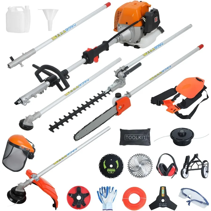 

9 в 1 газовый триммер для живой изгороди, пожиратель сорняков, многофункциональный инструмент для обрезки газа, 52CC, 2 цикла, оранжевый с удлинителем