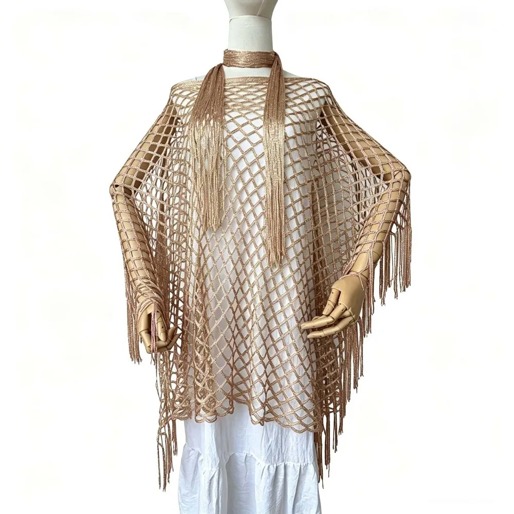 2pcs Shiny Shawl and Scarf Set Tassel Shawl Hollowed Out Beach Cover Up Sun Protection Poncho Top Summer Sun Shawl