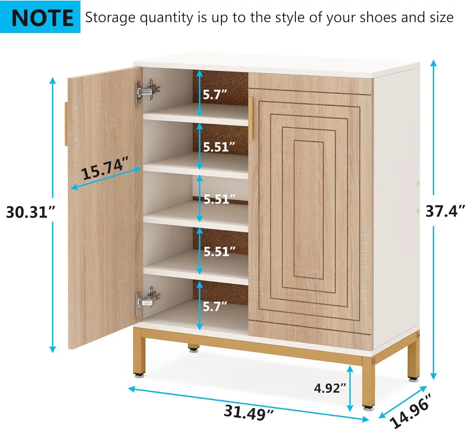 Shoe Cabinet with Doors, 20 Pairs Entryway Shoe Storage Cabinet with Shelves, 5-Tier Modern Free Standing