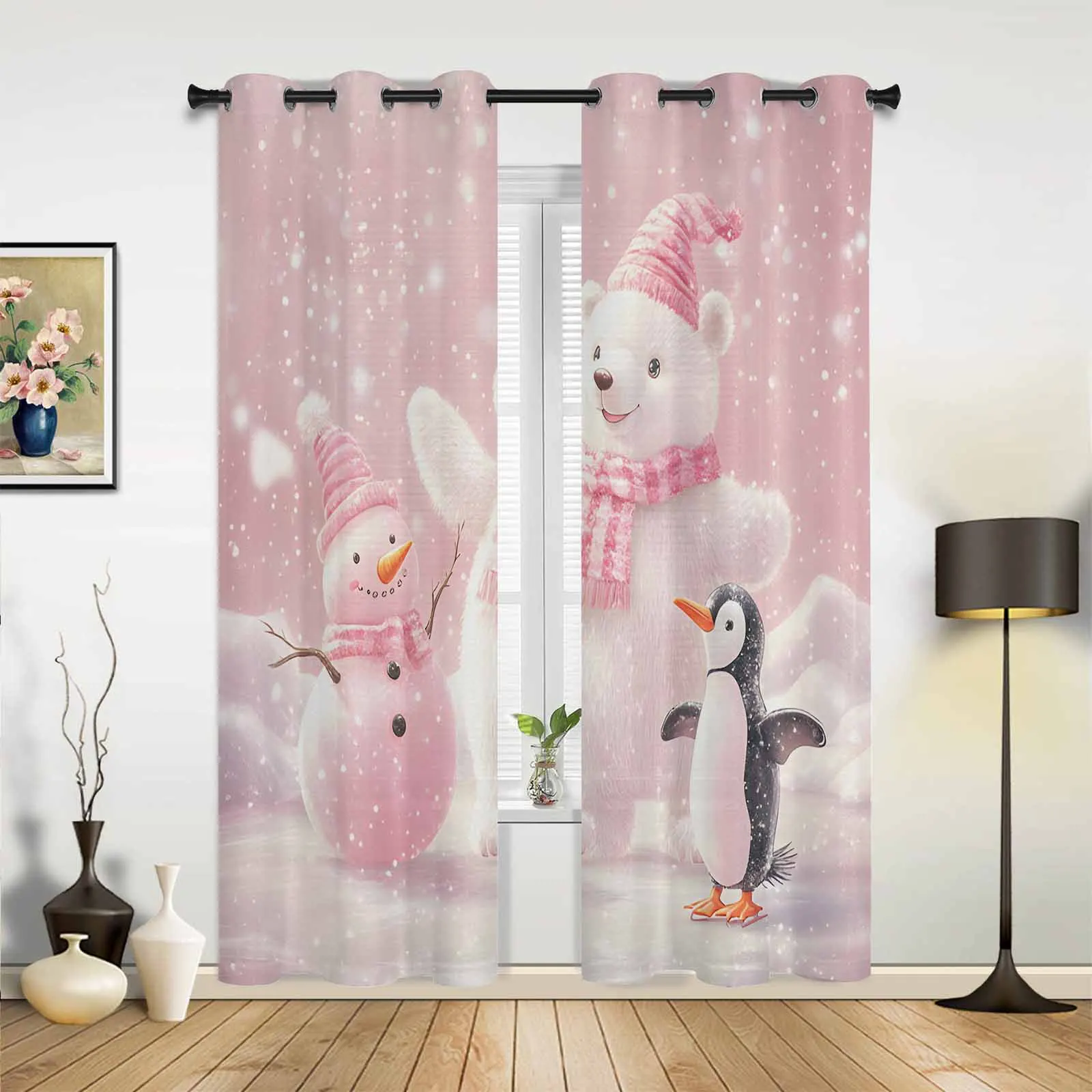 Pink White Bear And Penguin Snowman Window Curtains Printing Curtains for Living Room Modern Design Bedroom Decor Drapes