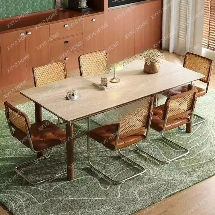 travertine rock slab dining table retro stainless steel solid wood household small apartment rock slab dining table