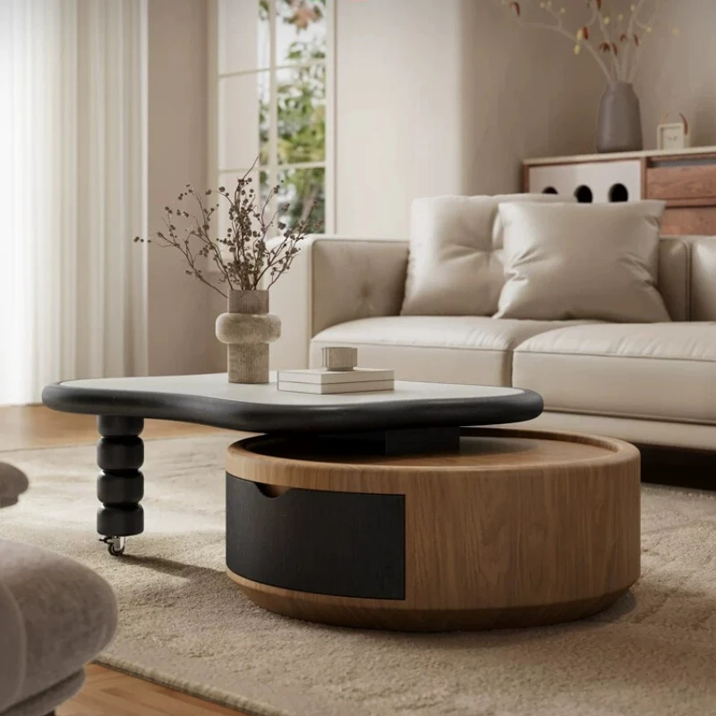 Italian minimalist retractable rock slab coffee table, designer's creative walnut veneer, living room home use