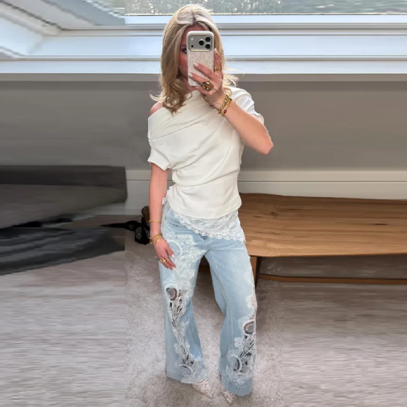 

2026 French Style High Waist Wide Leg Jeans Floral Lace Applique Cutout Denim Pants Light Wash Boho Casual Jeans For Women