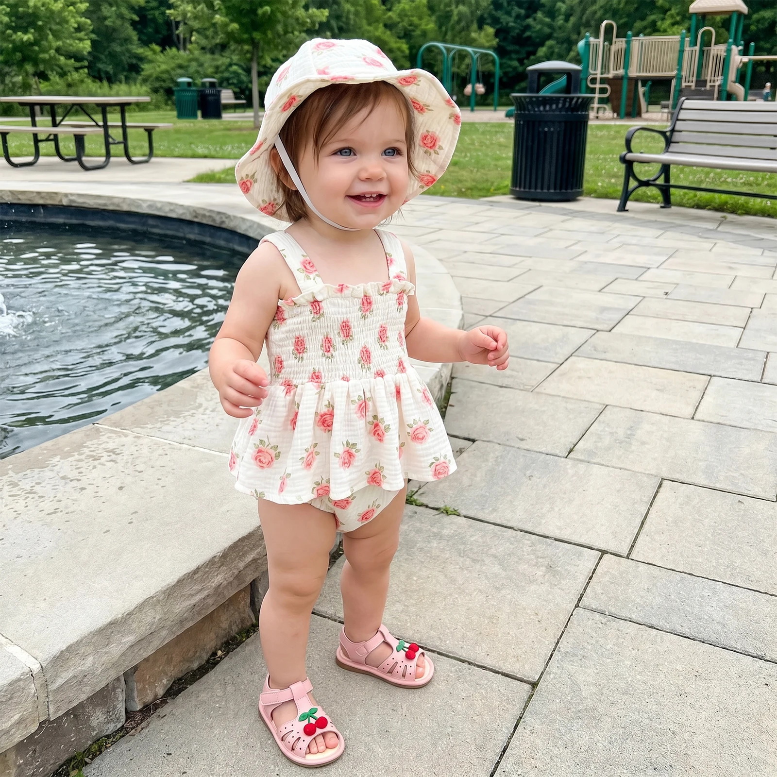 Baby Girls Romper Dress Casual Rose Print Elastic Straps Sleeveless Bodysuits Sun Hat Set Baby Clothes Outfits